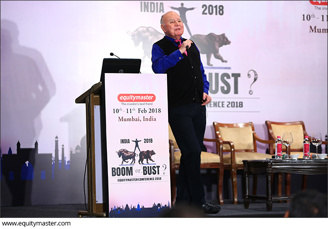 Dr. Marc Faber speaking at The Equitymaster Conference 2018 in the Taj Mahal Palace Hotel, Mumbai.